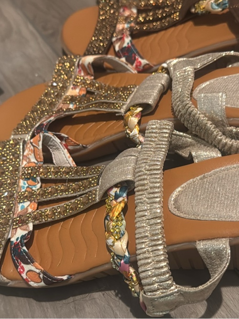 SHEIN Metallic Gold Braided Beaded Floral Strap Sandals